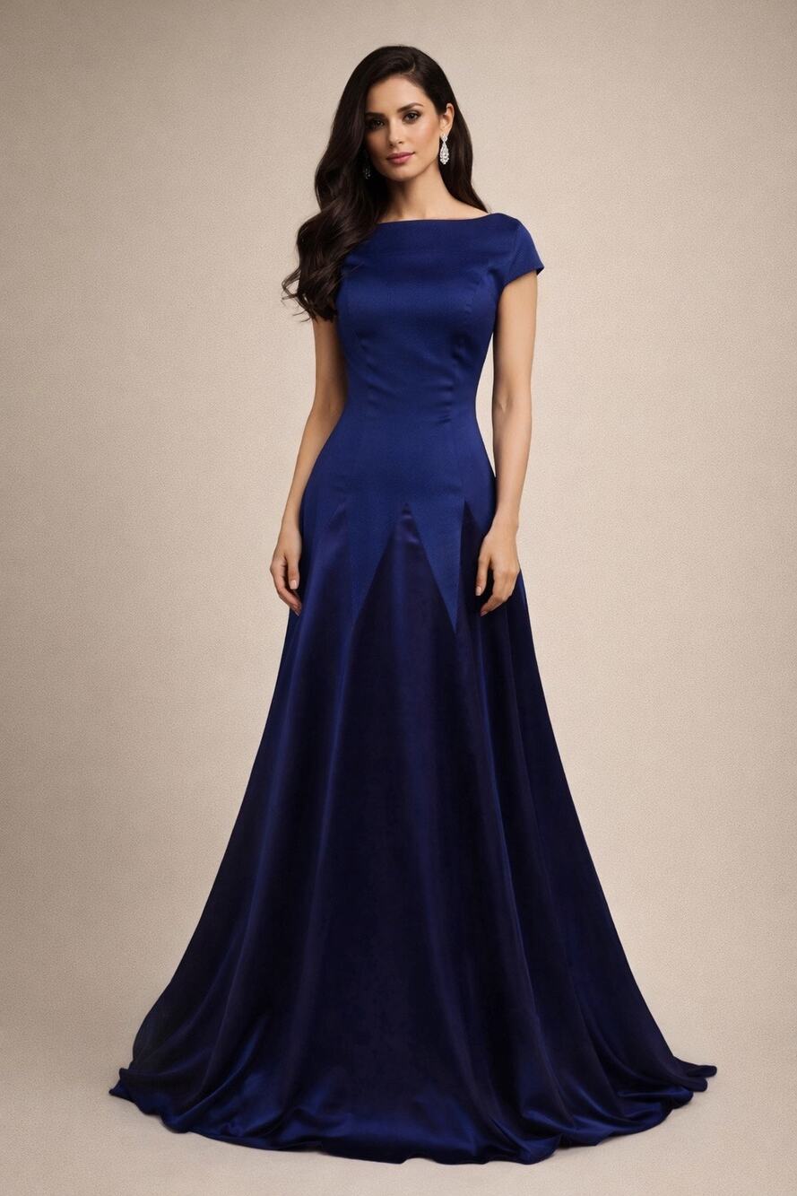 Talbot Runhof Navy Blue Evening Gown Maxi Dress Cap Sleeve Formal Size 8